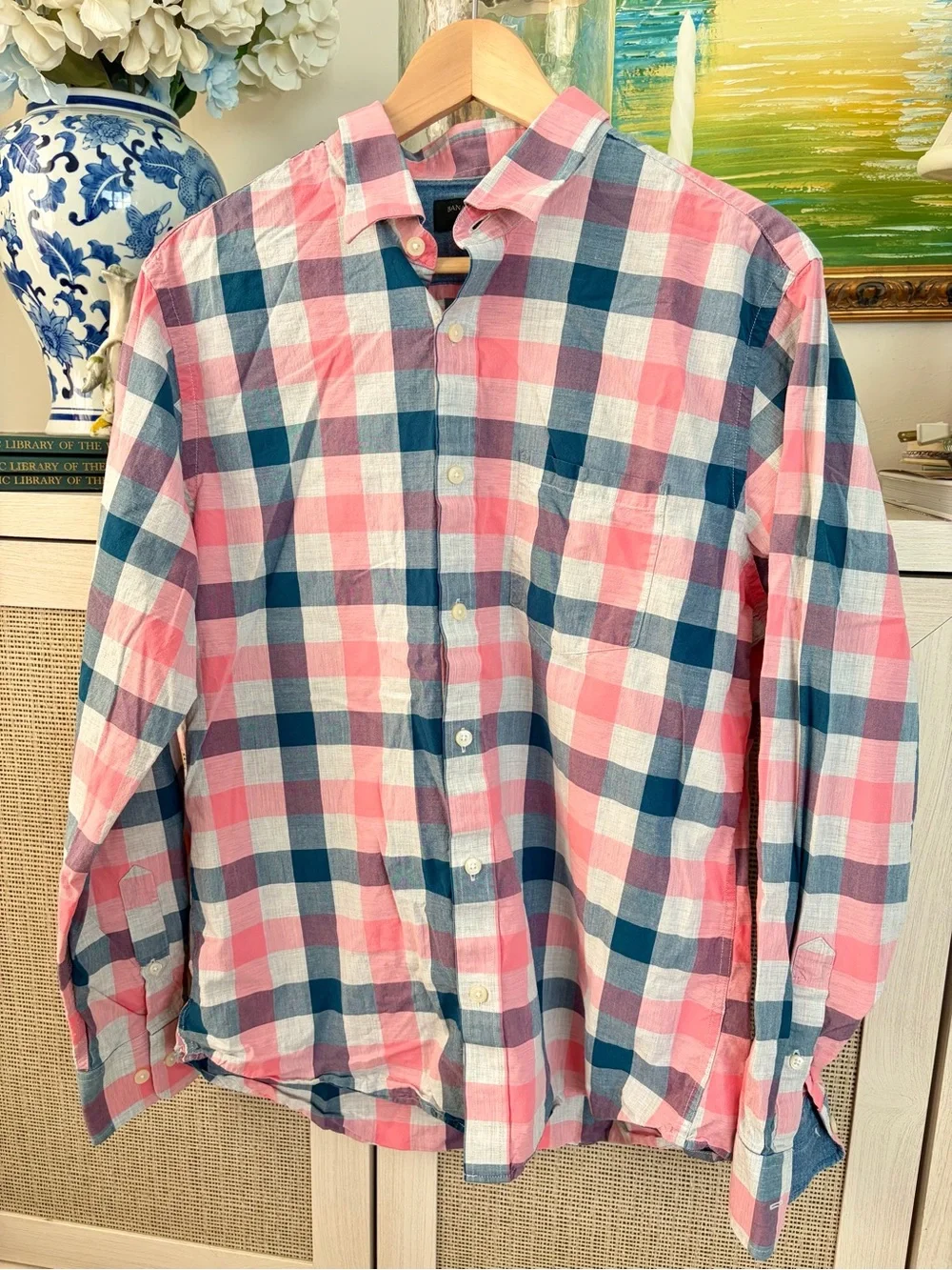Banana Republic Coral and Navy Check Button-Down Shirt-00A
